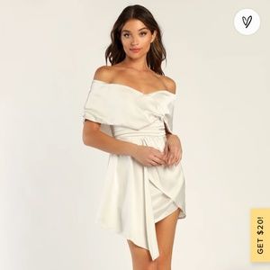 Lulus Always Celebrating ivory satin off shoulder mini dress